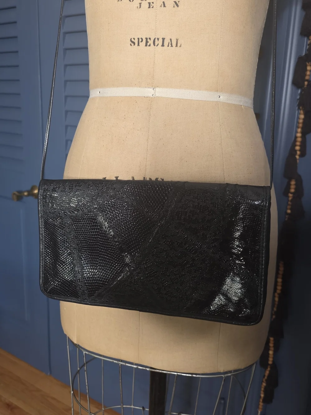 NWT Vintage Carlos Falchi Black Patchwork Exotic Skin Convertible Clutch